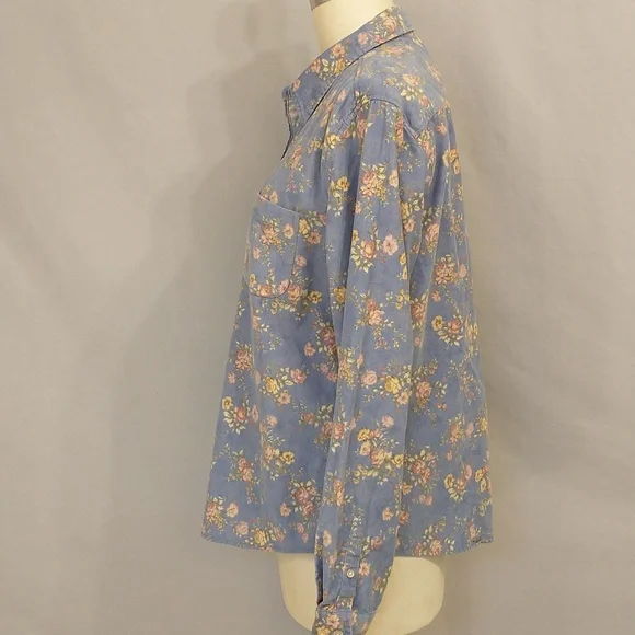 Floral Corduroy Shirt 100% Cotton Fine Wale Periwinkle Blue LL Bean Pink Roses - Picture 3 of 10